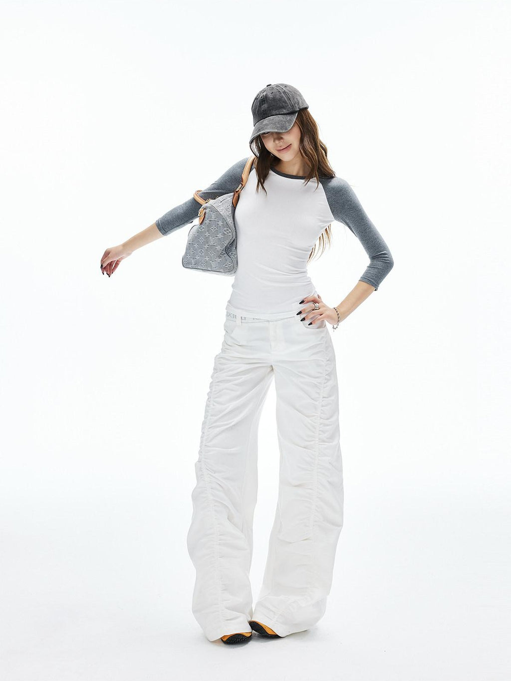 iamxiaa Lettered Ribbed Diagonal Shirred Low Waist Women's Cotton Straight Pants