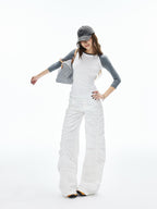 iamxiaa Lettered Ribbed Diagonal Shirred Low Waist Women's Cotton Straight Pants