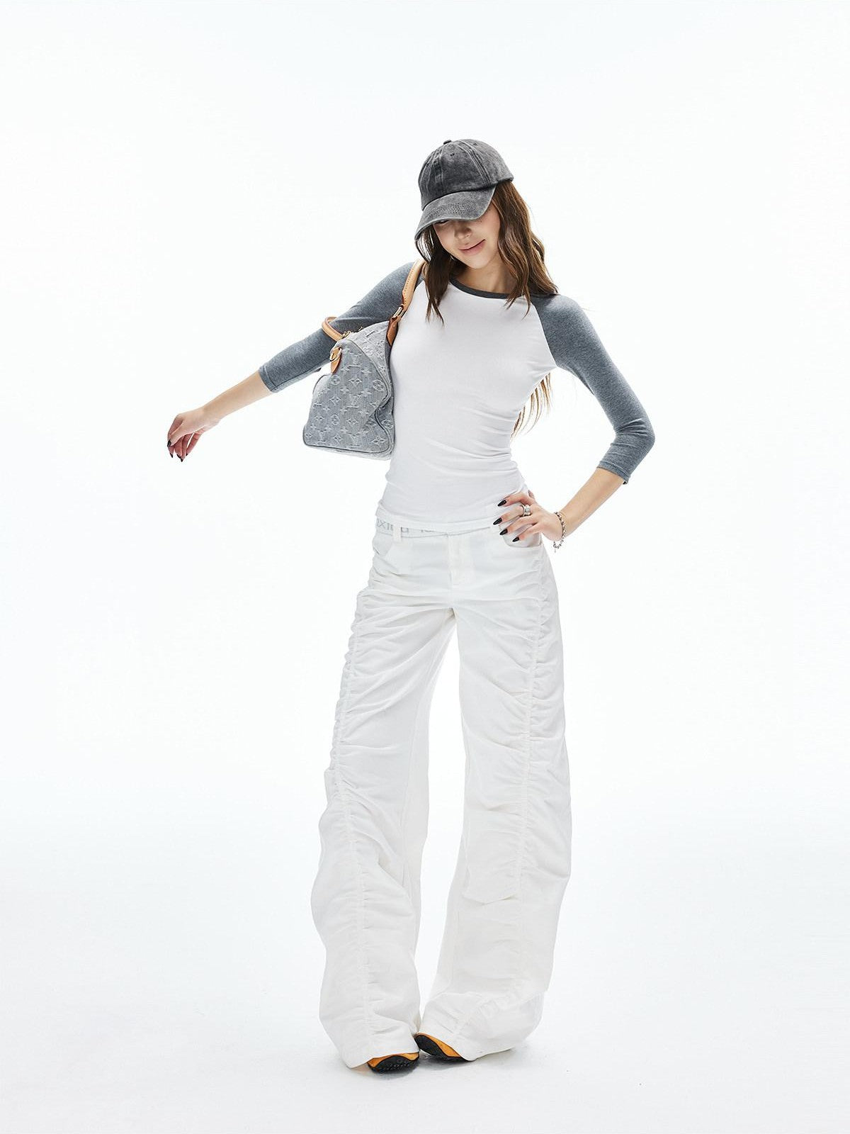 iamxiaa Lettered Ribbed Diagonal Shirred Low Waist Women's Cotton Straight Pants