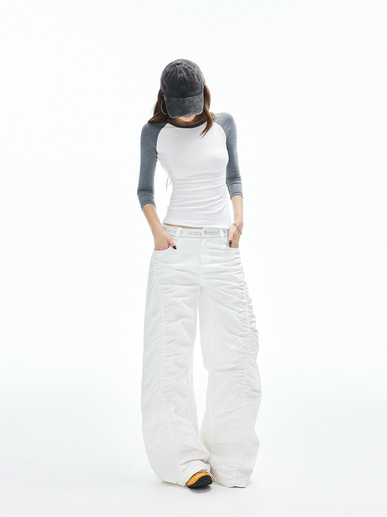 iamxiaa Lettered Ribbed Diagonal Shirred Low Waist Women's Cotton Straight Pants
