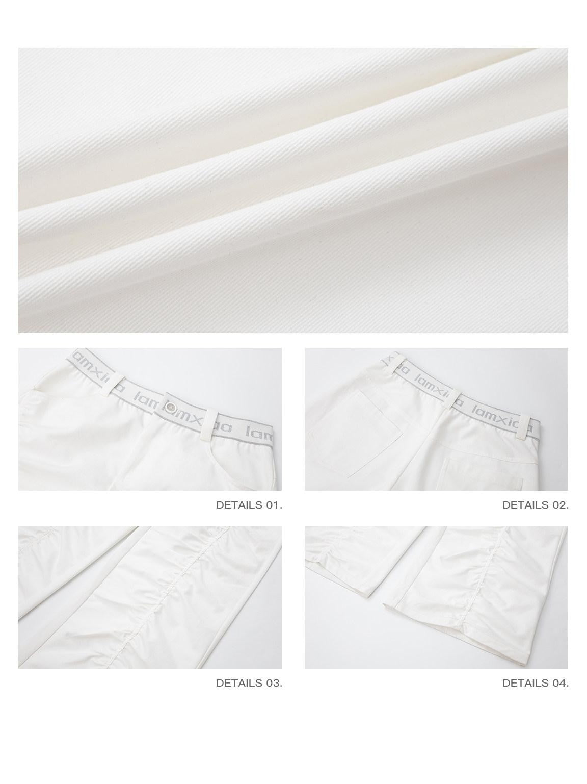 iamxiaa Lettered Ribbed Diagonal Shirred Low Waist Women's Cotton Straight Pants