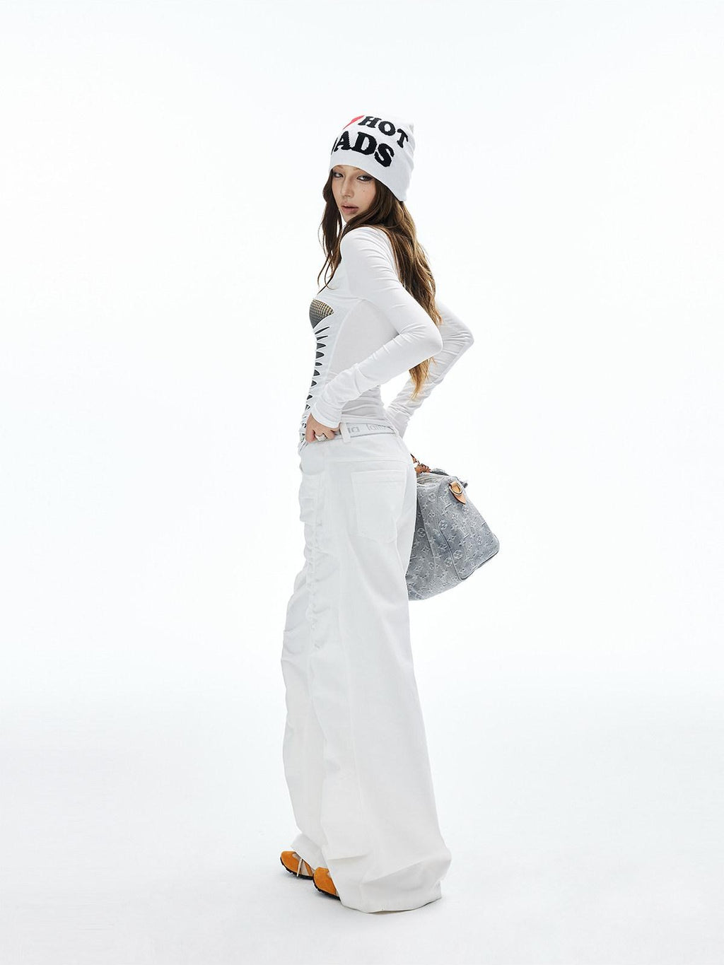 iamxiaa Lettered Ribbed Diagonal Shirred Low Waist Women's Cotton Straight Pants