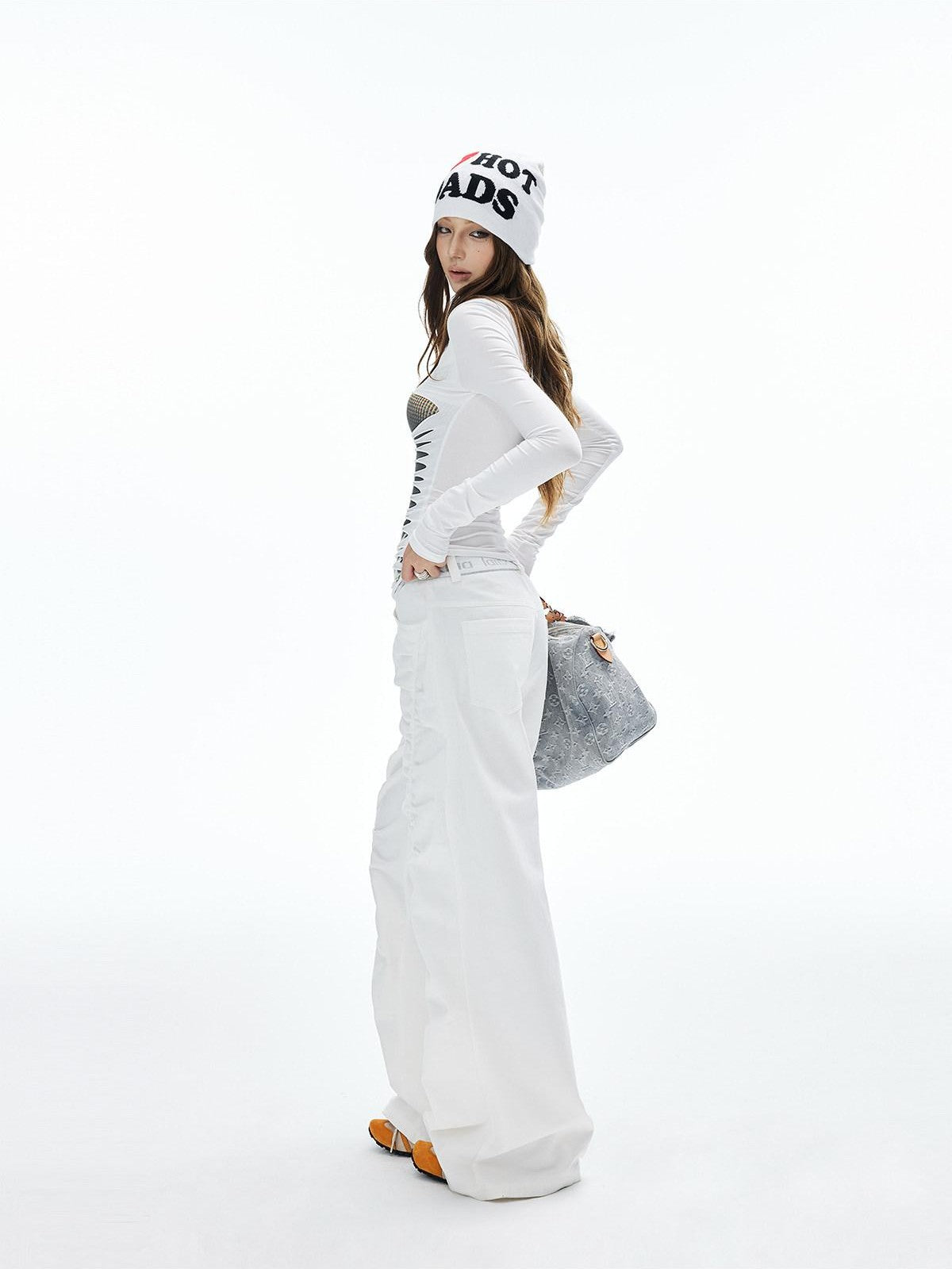iamxiaa Lettered Ribbed Diagonal Shirred Low Waist Women's Cotton Straight Pants