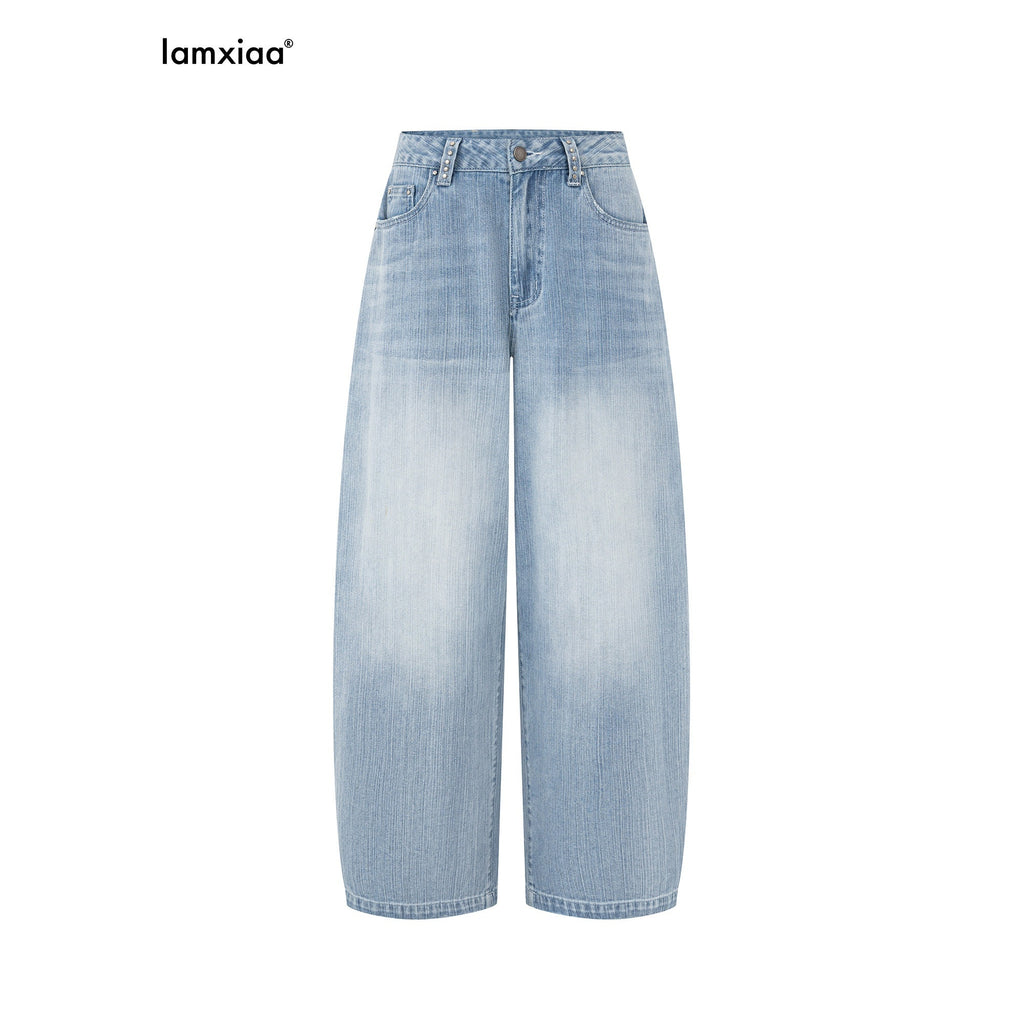 iamxiaa Light Blue Vertical Slub Rib Hand Rivet Distressed Women's Cotton Wide-leg Jeans 1032063025560