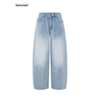 iamxiaa Light Blue Vertical Slub Rib Hand Rivet Distressed Women's Cotton Wide-leg Jeans 1032063025560