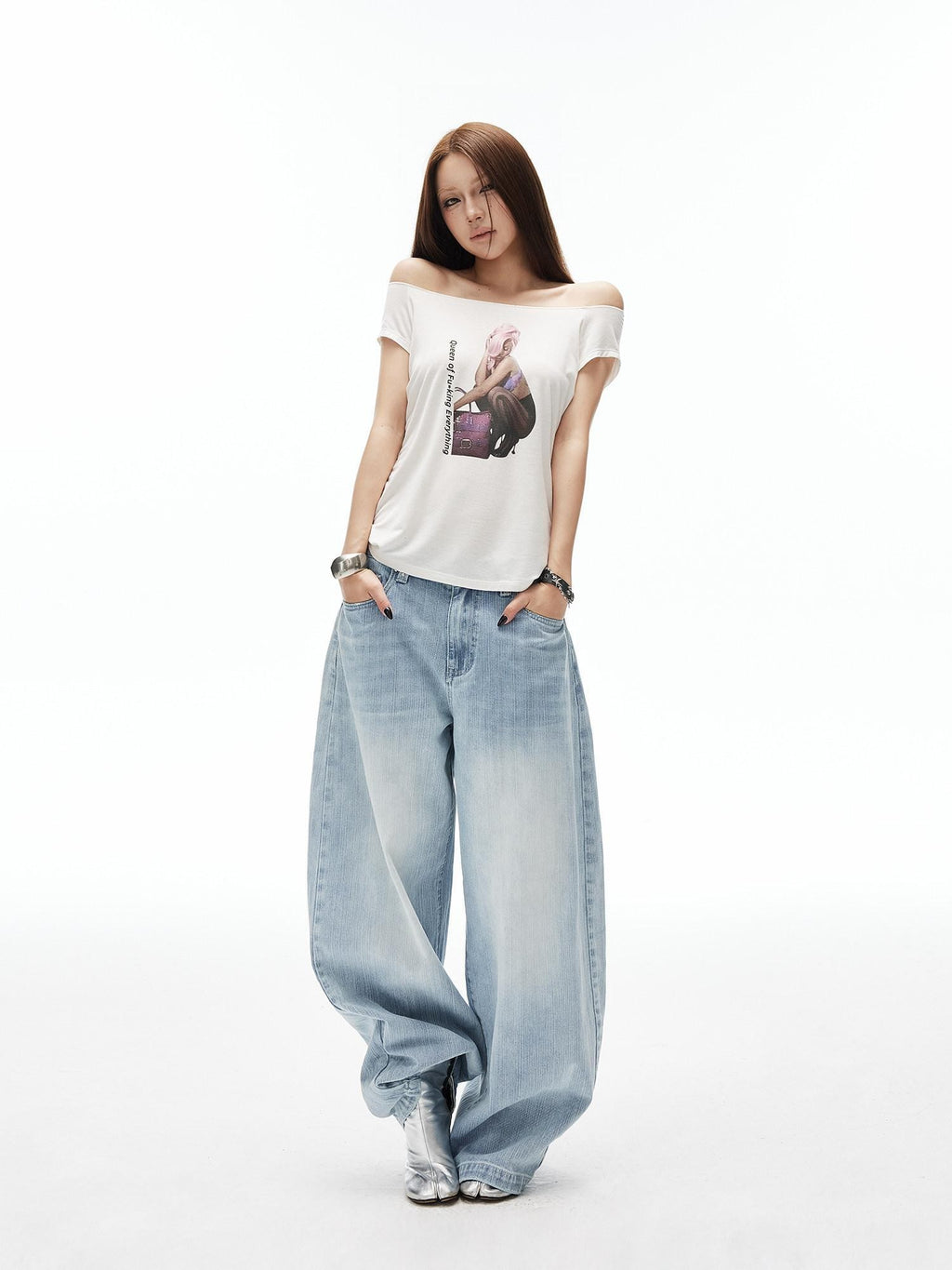 iamxiaa Light Blue Vertical Slub Rib Hand Rivet Distressed Women's Cotton Wide-leg Jeans