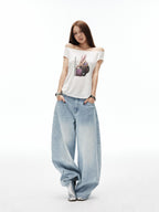 iamxiaa Light Blue Vertical Slub Rib Hand Rivet Distressed Women's Cotton Wide-leg Jeans