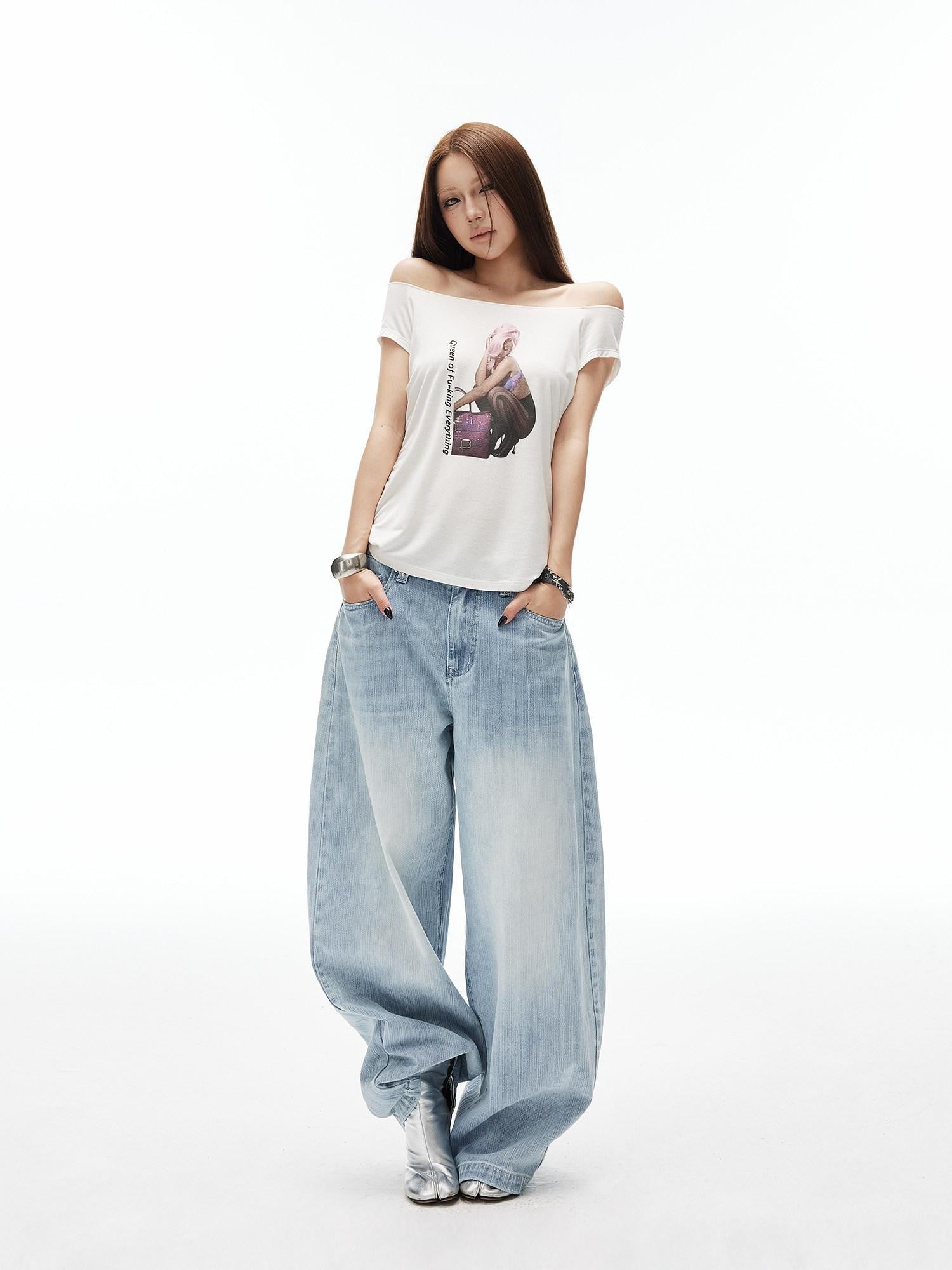 iamxiaa Light Blue Vertical Slub Rib Hand Rivet Distressed Women's Cotton Wide-leg Jeans