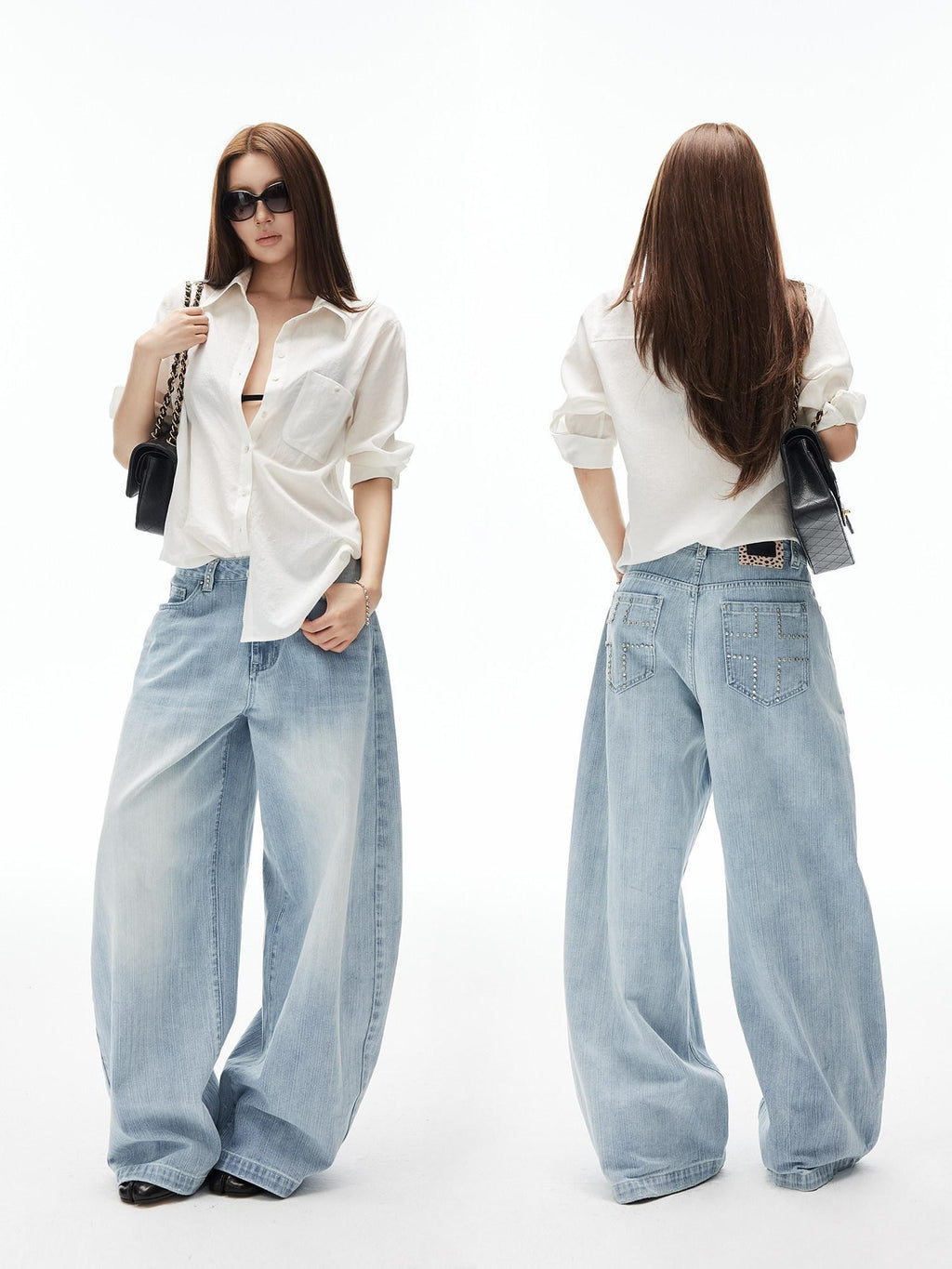 iamxiaa Light Blue Vertical Slub Rib Hand Rivet Distressed Women's Cotton Wide-leg Jeans