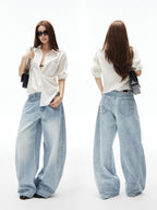 iamxiaa Light Blue Vertical Slub Rib Hand Rivet Distressed Women's Cotton Wide-leg Jeans