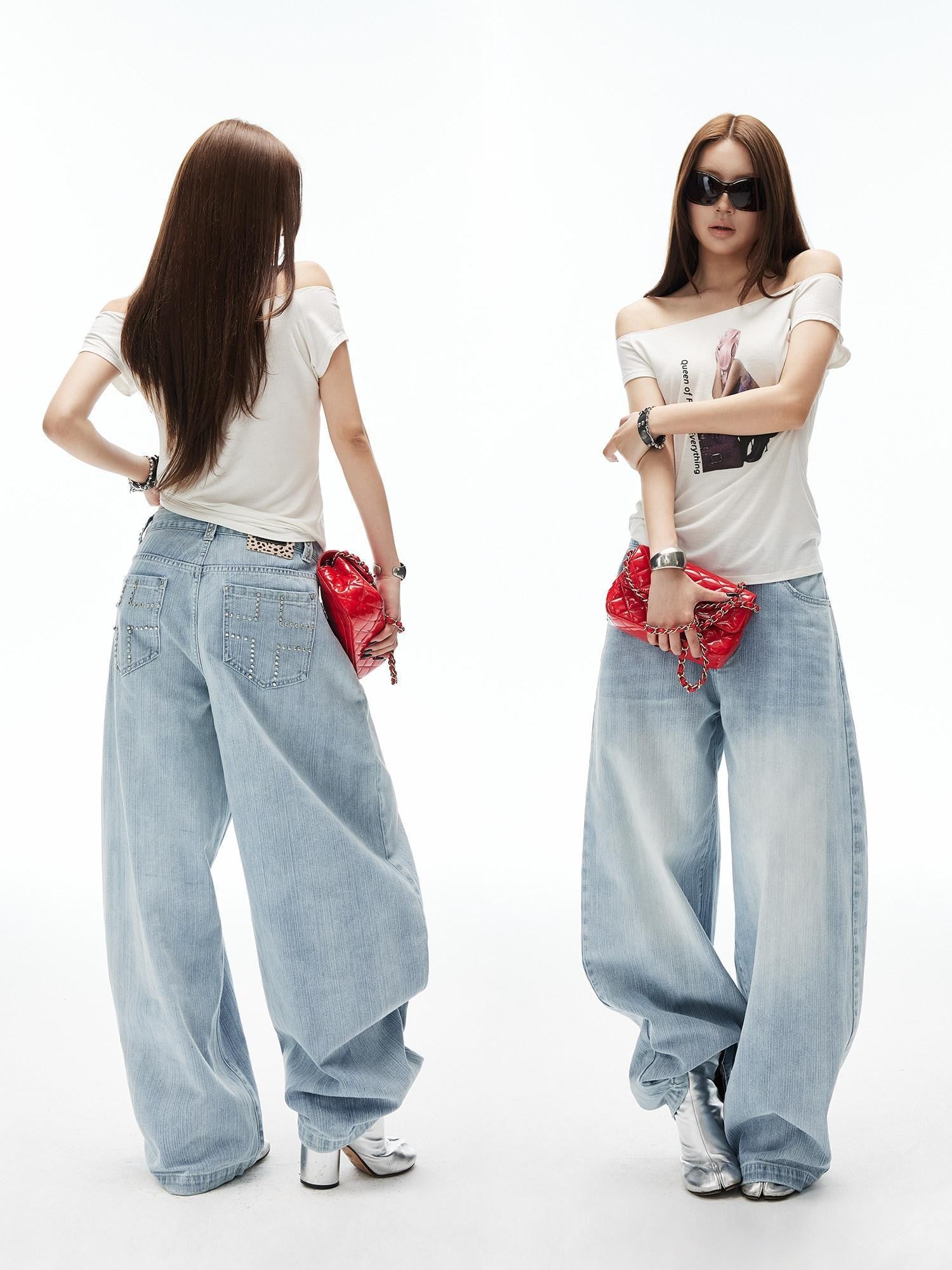 iamxiaa Light Blue Vertical Slub Rib Hand Rivet Distressed Women's Cotton Wide-leg Jeans