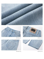 iamxiaa Light Blue Vertical Slub Rib Hand Rivet Distressed Women's Cotton Wide-leg Jeans