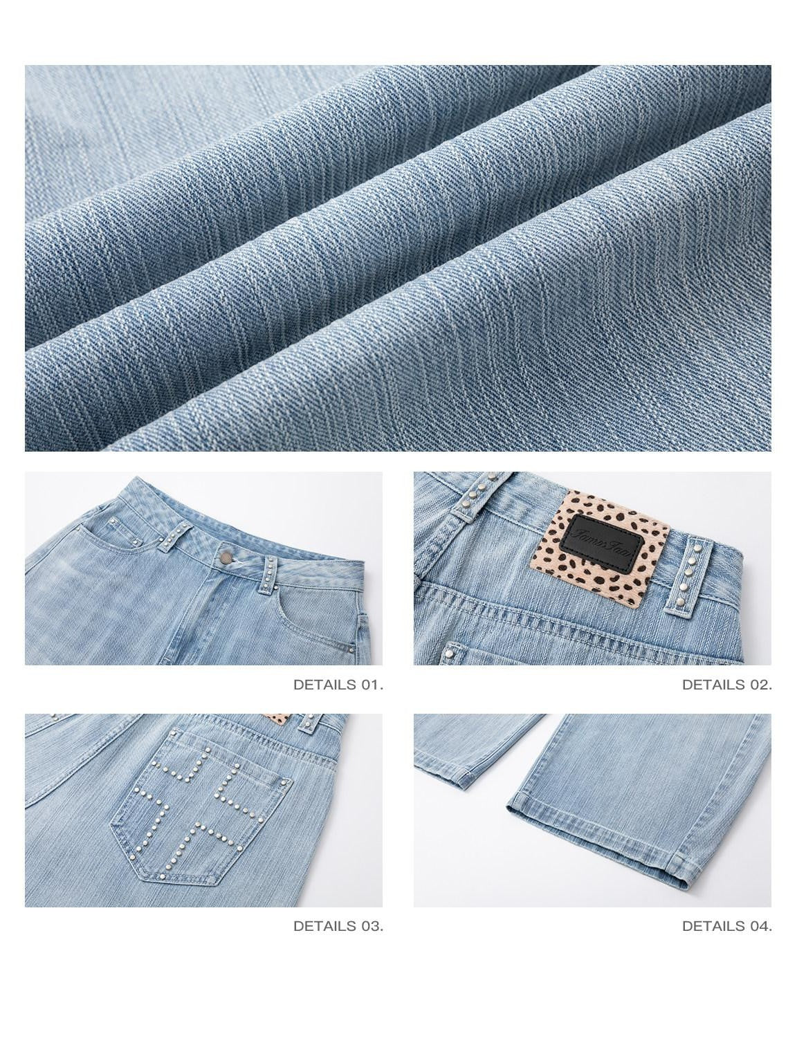 iamxiaa Light Blue Vertical Slub Rib Hand Rivet Distressed Women's Cotton Wide-leg Jeans