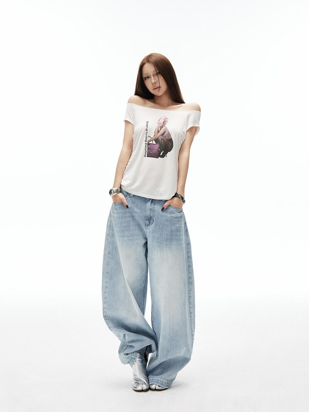 iamxiaa Light Blue Vertical Slub Rib Hand Rivet Distressed Women's Cotton Wide-leg Jeans
