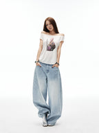 iamxiaa Light Blue Vertical Slub Rib Hand Rivet Distressed Women's Cotton Wide-leg Jeans