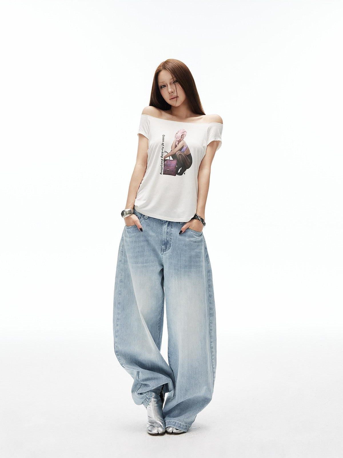 iamxiaa Light Blue Vertical Slub Rib Hand Rivet Distressed Women's Cotton Wide-leg Jeans