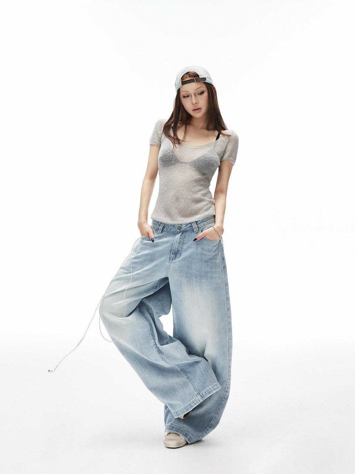iamxiaa Light Blue Vertical Slub Rib Hand Rivet Distressed Women's Cotton Wide-leg Jeans