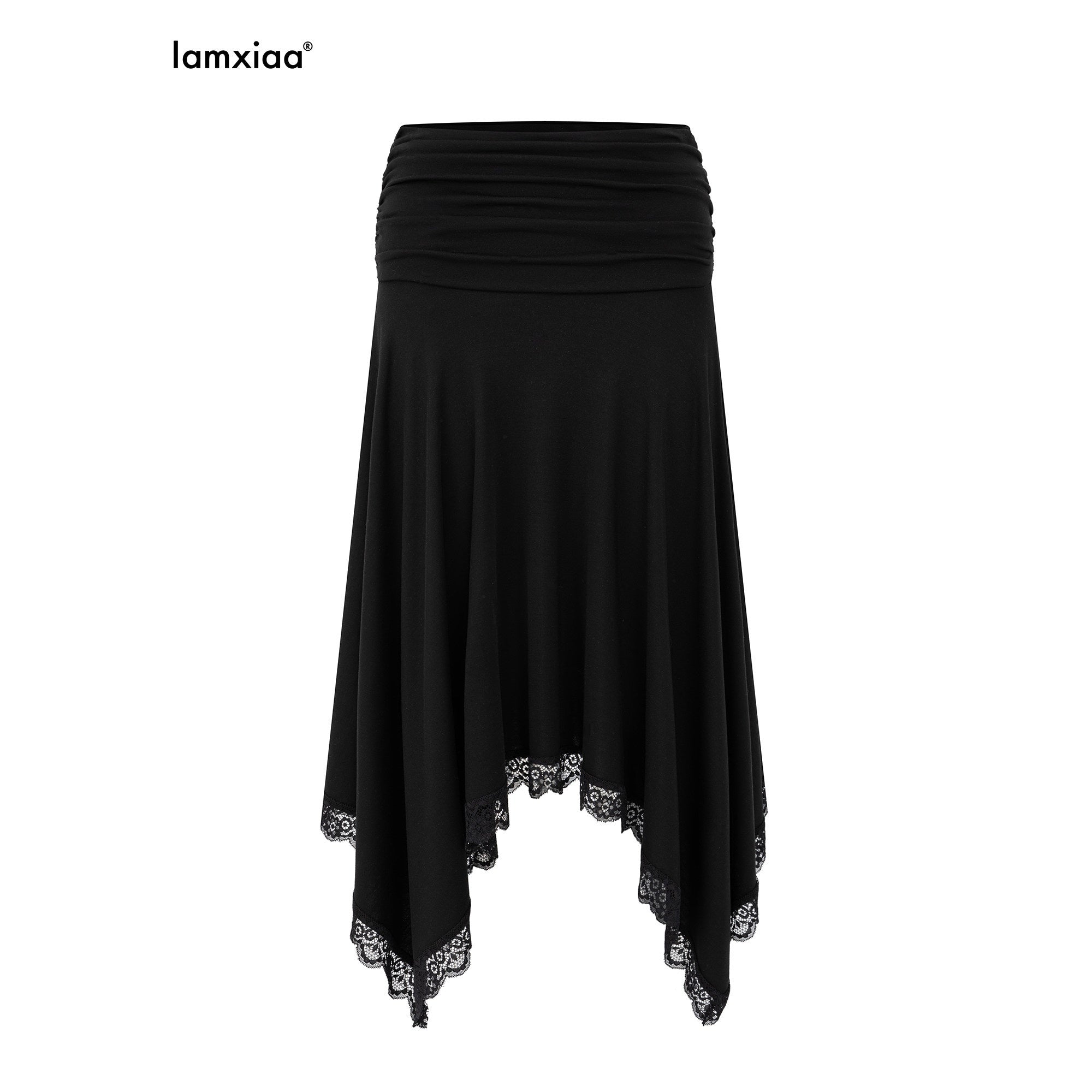 iamxiaa Low Rise Ruched Waist Wavy Pleated Lace Trim Women's Modal Midi Skirts 1046867426782