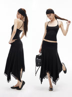iamxiaa Low Rise Ruched Waist Wavy Pleated Lace Trim Women's Modal Midi Skirts