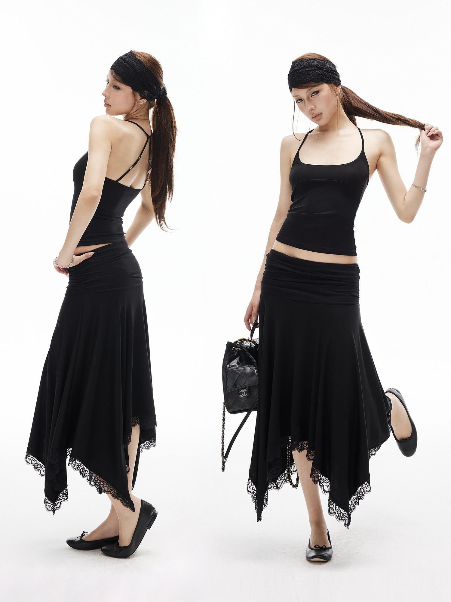 iamxiaa Low Rise Ruched Waist Wavy Pleated Lace Trim Women's Modal Midi Skirts