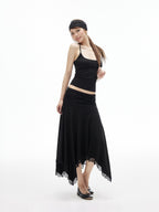 iamxiaa Low Rise Ruched Waist Wavy Pleated Lace Trim Women's Modal Midi Skirts