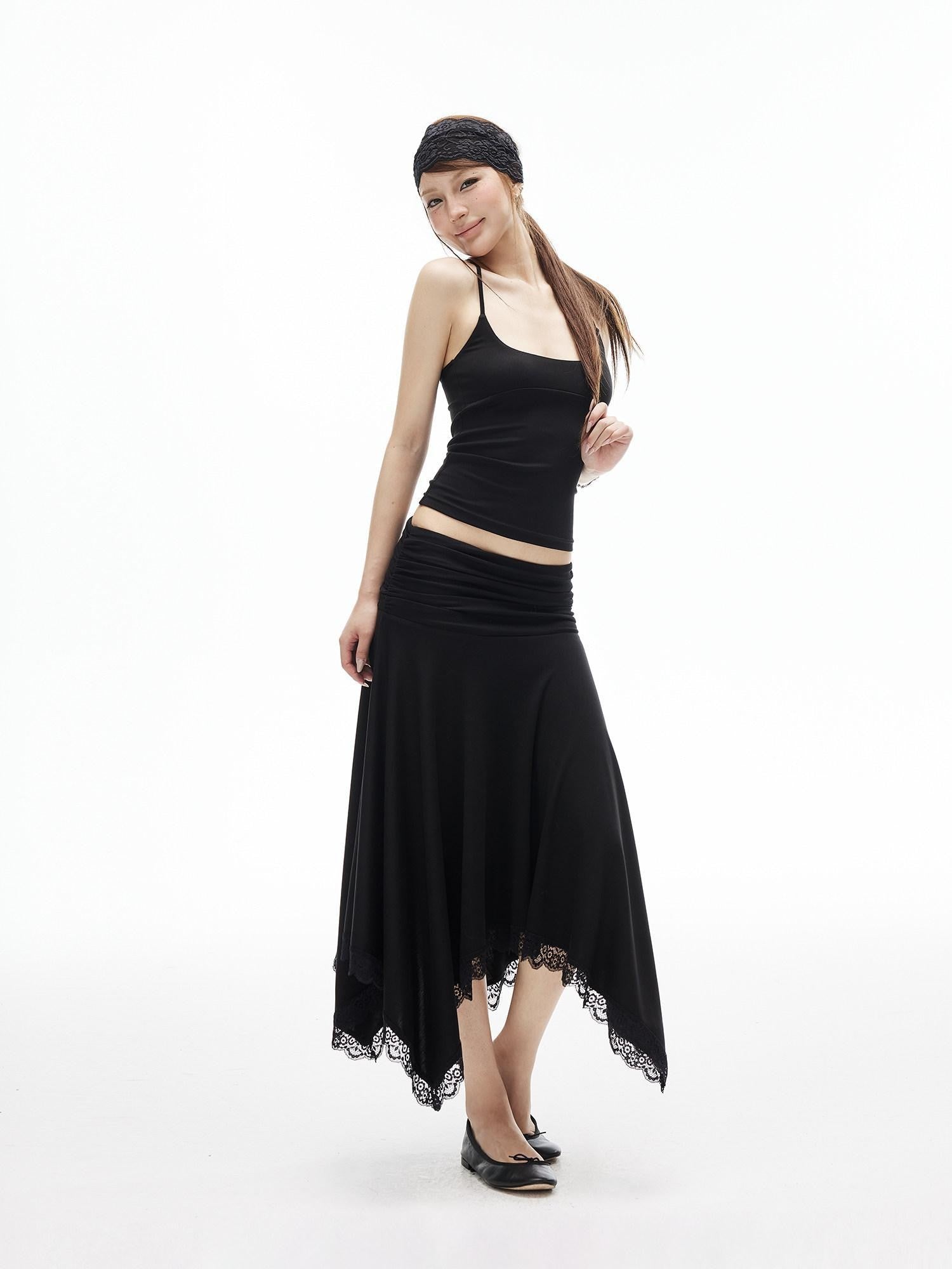 iamxiaa Low Rise Ruched Waist Wavy Pleated Lace Trim Women's Modal Midi Skirts