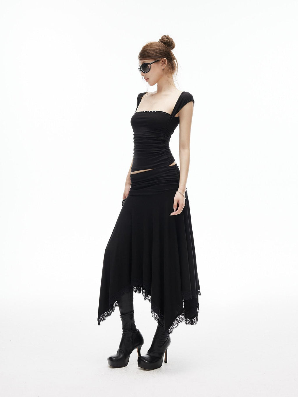 iamxiaa Low Rise Ruched Waist Wavy Pleated Lace Trim Women's Modal Midi Skirts