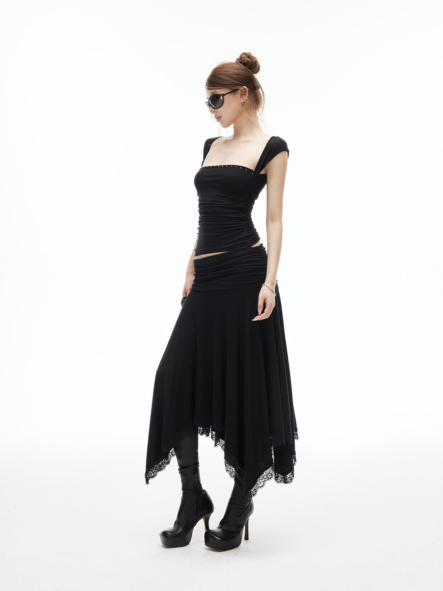 iamxiaa Low Rise Ruched Waist Wavy Pleated Lace Trim Women's Modal Midi Skirts