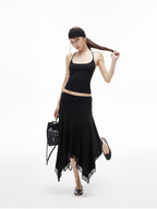 iamxiaa Low Rise Ruched Waist Wavy Pleated Lace Trim Women's Modal Midi Skirts