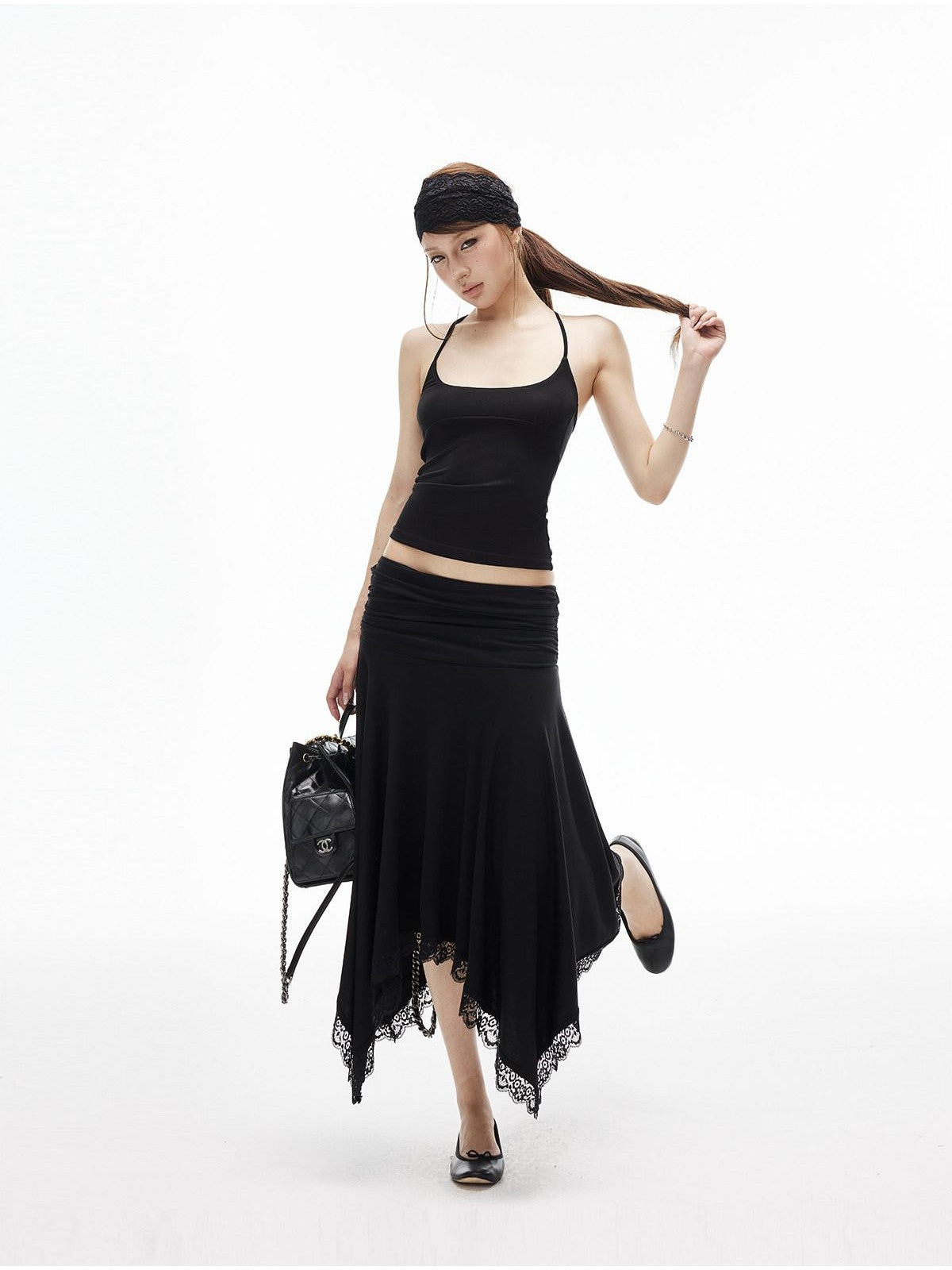iamxiaa Low Rise Ruched Waist Wavy Pleated Lace Trim Women's Modal Midi Skirts