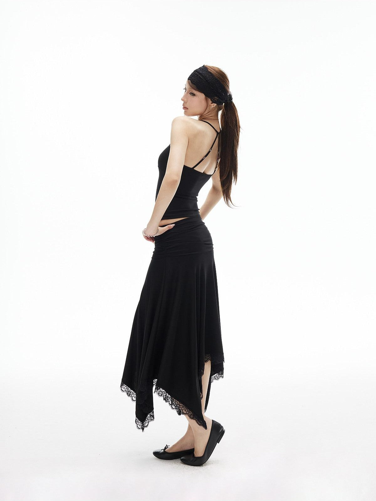 iamxiaa Low Rise Ruched Waist Wavy Pleated Lace Trim Women's Modal Midi Skirts