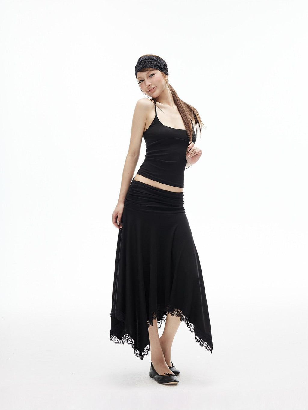 iamxiaa Low Rise Ruched Waist Wavy Pleated Lace Trim Women's Modal Midi Skirts