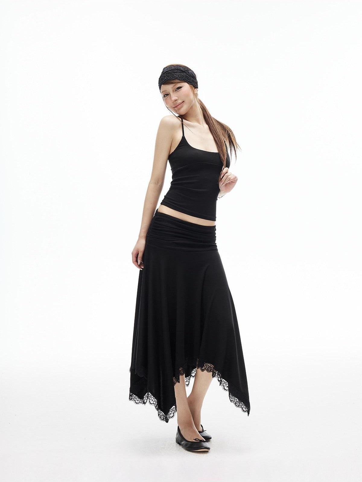 iamxiaa Low Rise Ruched Waist Wavy Pleated Lace Trim Women's Modal Midi Skirts