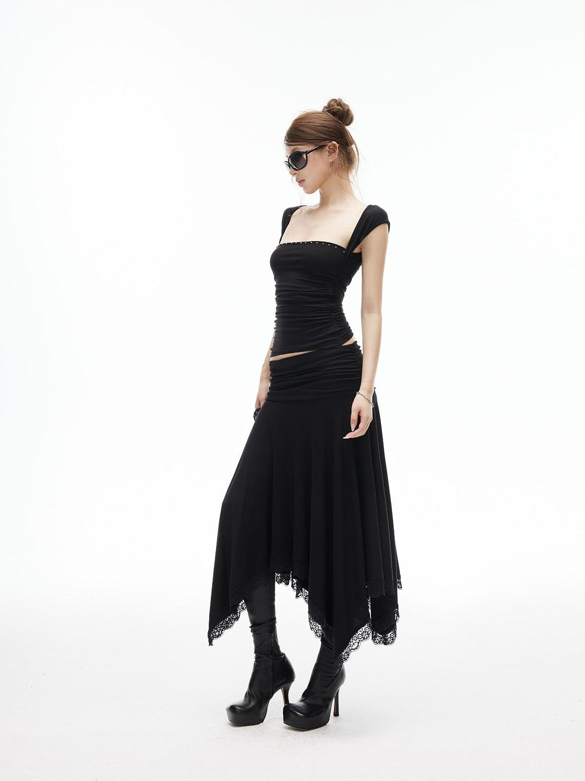 iamxiaa Low Rise Ruched Waist Wavy Pleated Lace Trim Women's Modal Midi Skirts