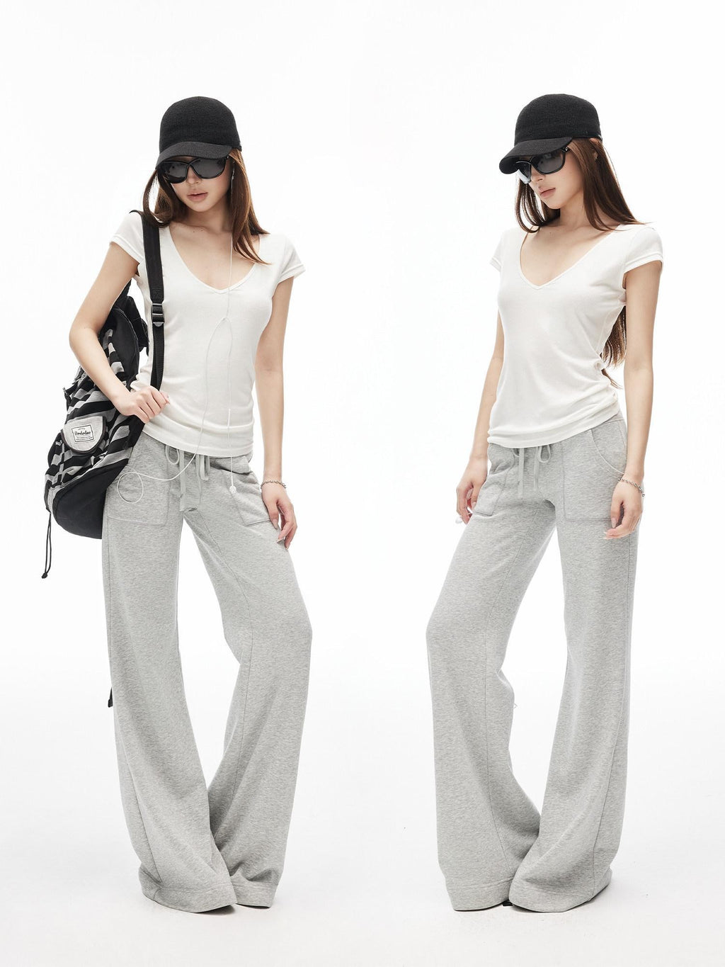 iamxiaa Low Waist Drawstring Square Patch Micro Flare Women's Cotton Sweatpants/joggers