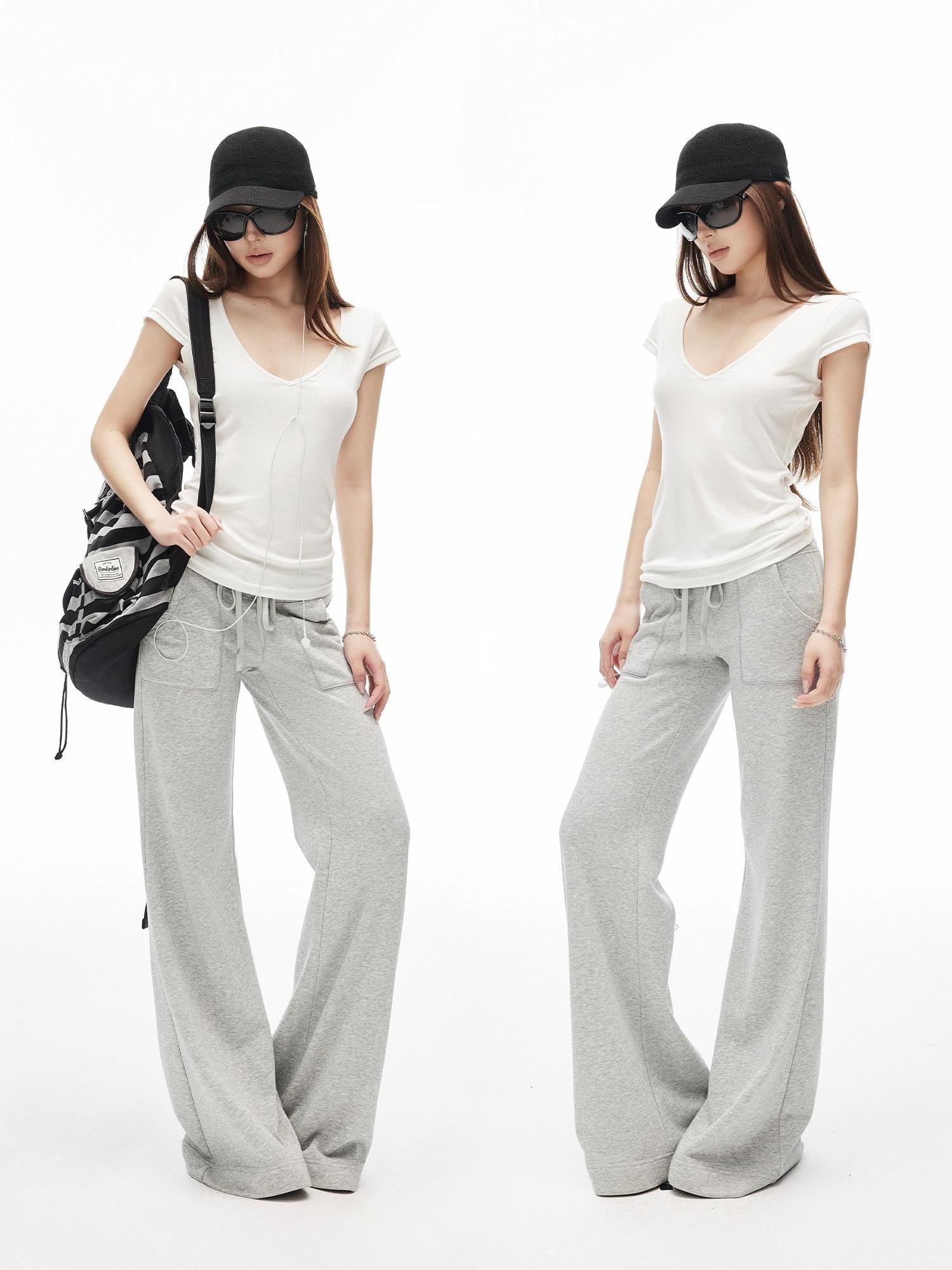 iamxiaa Low Waist Drawstring Square Patch Micro Flare Women's Cotton Sweatpants/joggers