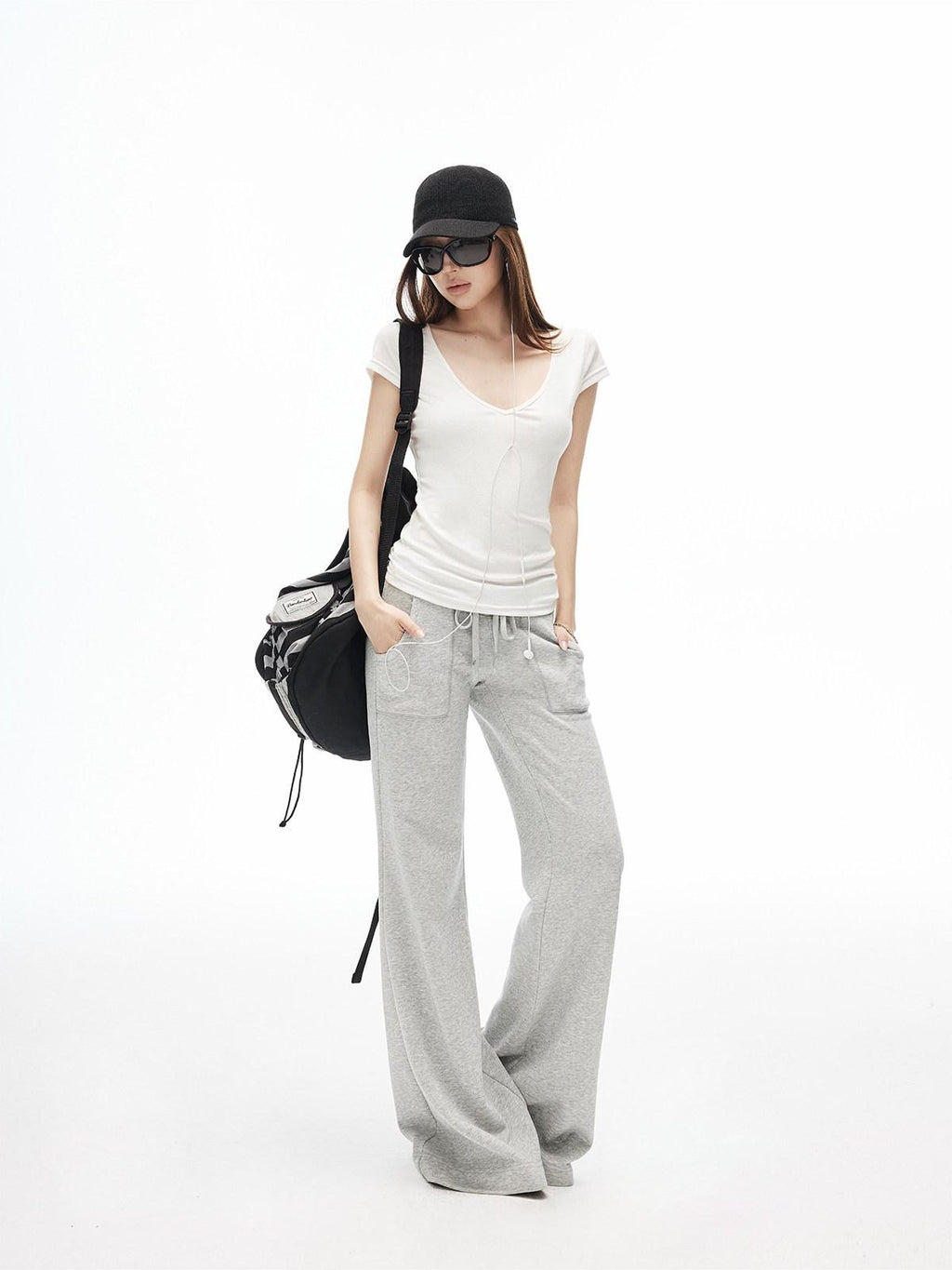 iamxiaa Low Waist Drawstring Square Patch Micro Flare Women's Cotton Sweatpants/joggers