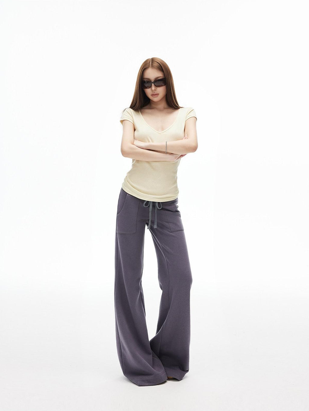 iamxiaa Low Waist Drawstring Square Patch Micro Flare Women's Cotton Sweatpants/joggers