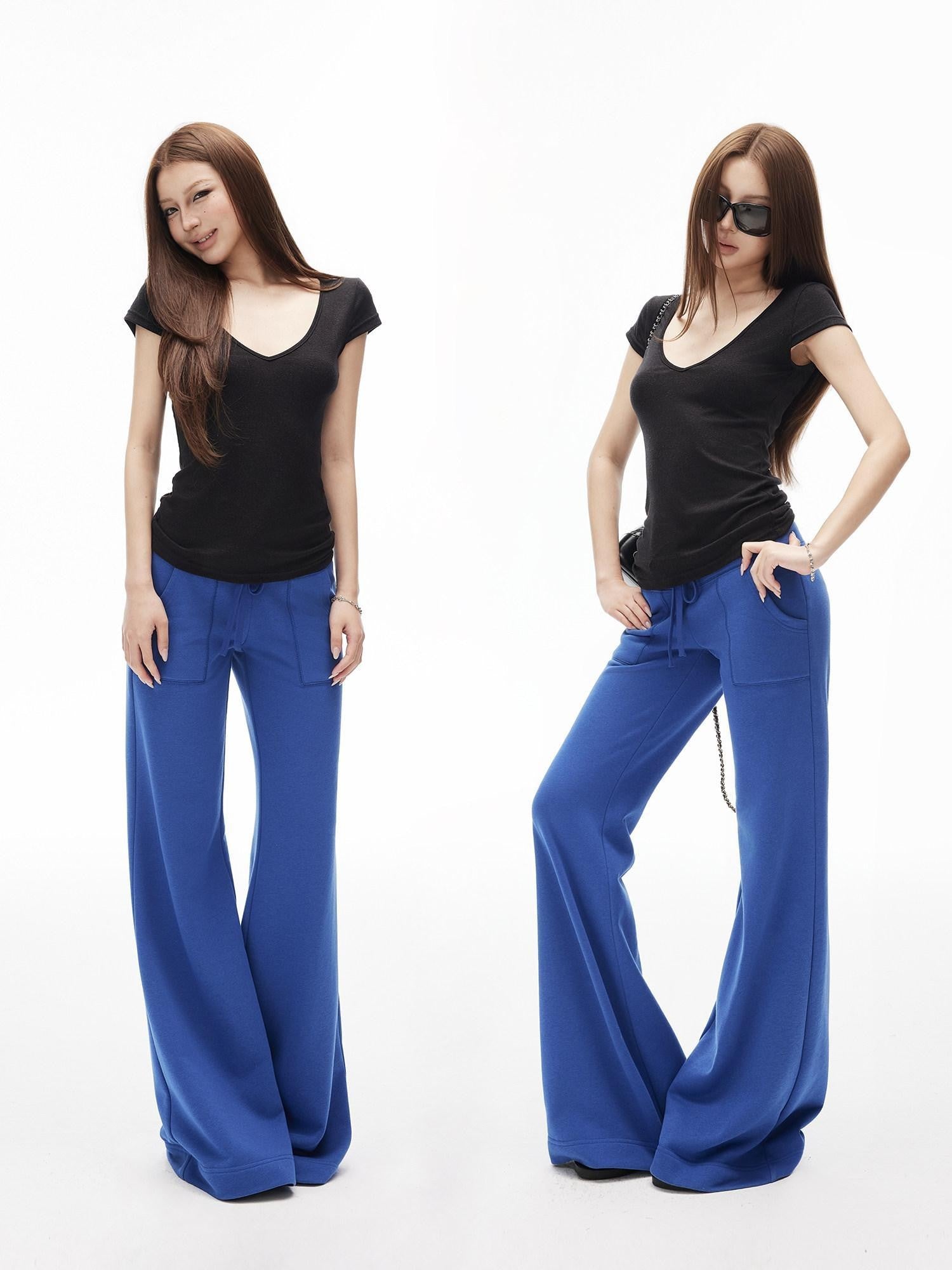 iamxiaa Low Waist Drawstring Square Patch Micro Flare Women's Cotton Sweatpants/joggers