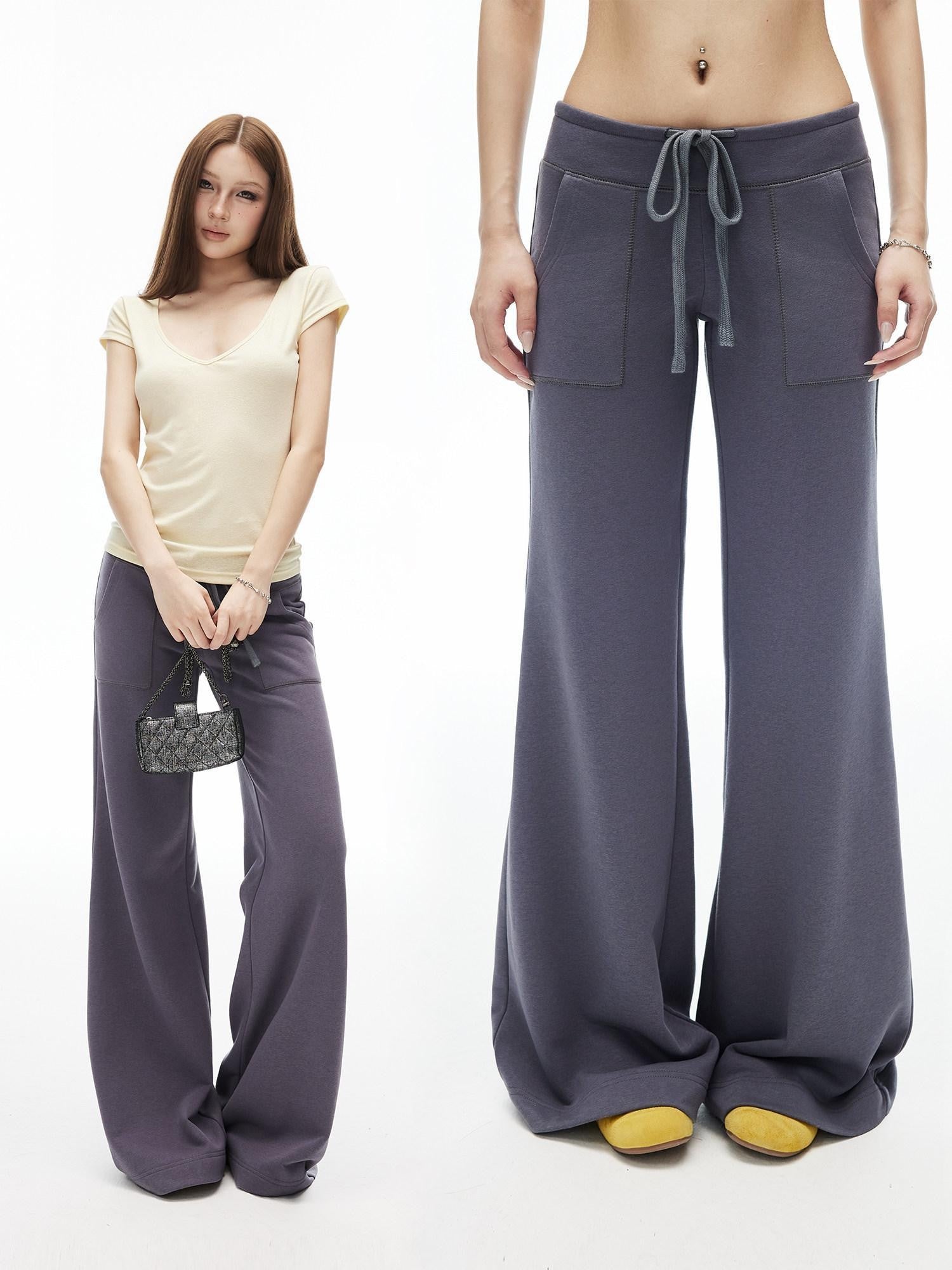 iamxiaa Low Waist Drawstring Square Patch Micro Flare Women's Cotton Sweatpants/joggers