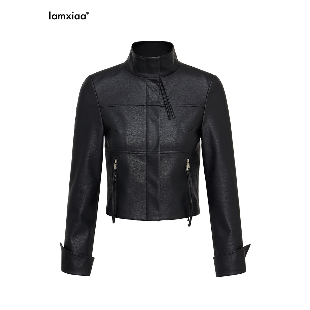 iamxiaa Matte Black Marble Structured Shoulder Stand Collar Women's Pu Leather Jackets 967351013243