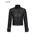iamxiaa Matte Black Marble Structured Shoulder Stand Collar Women's Pu Leather Jackets 967351013243