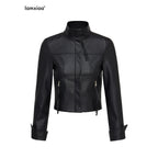 iamxiaa Matte Black Marble Structured Shoulder Stand Collar Women's Pu Leather Jackets 967351013243