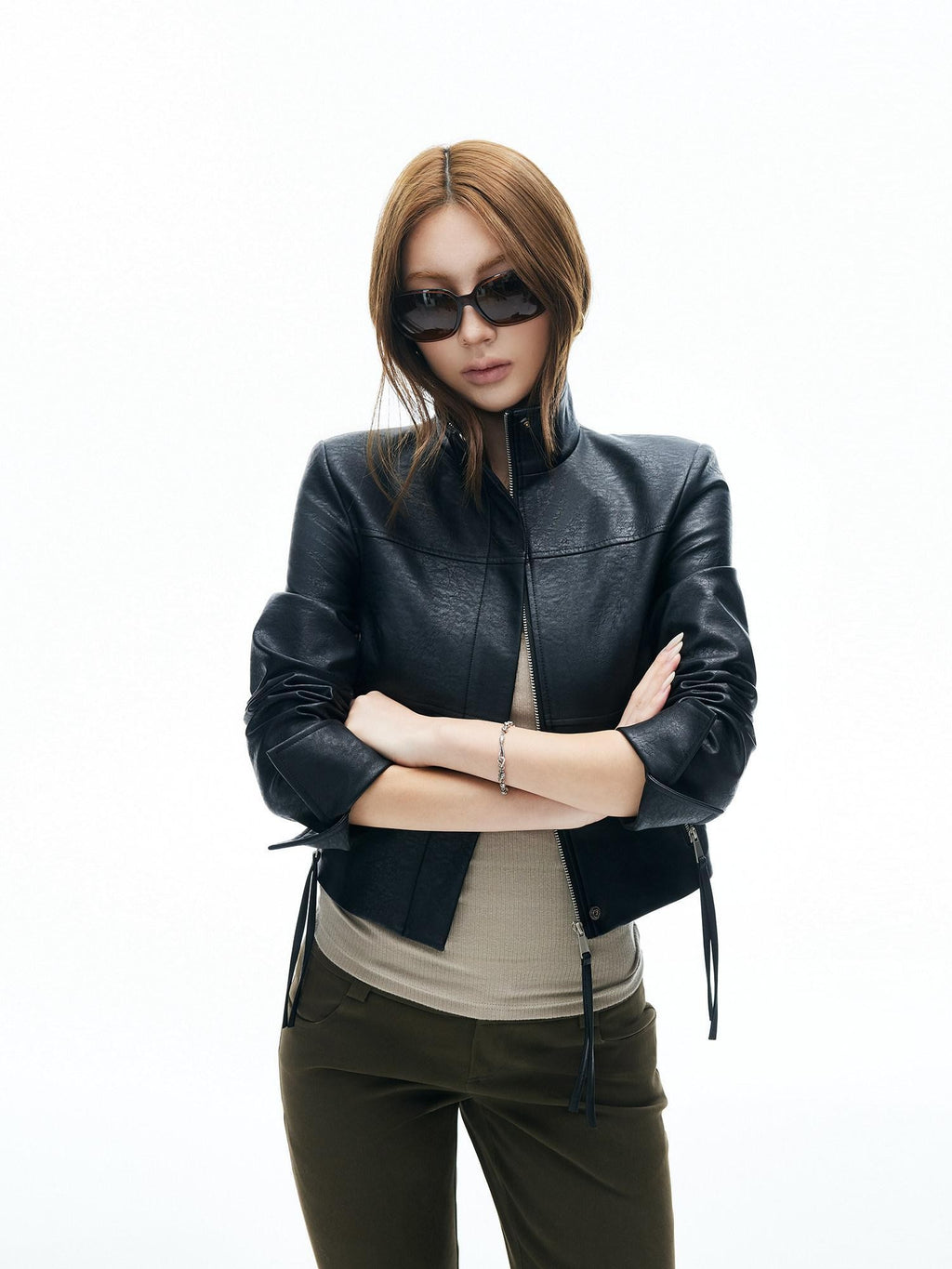 iamxiaa Matte Black Marble Structured Shoulder Stand Collar Women's Pu Leather Jackets