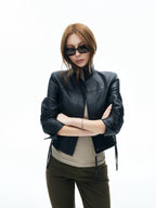 iamxiaa Matte Black Marble Structured Shoulder Stand Collar Women's Pu Leather Jackets