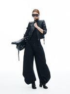 iamxiaa Matte Black Marble Structured Shoulder Stand Collar Women's Pu Leather Jackets