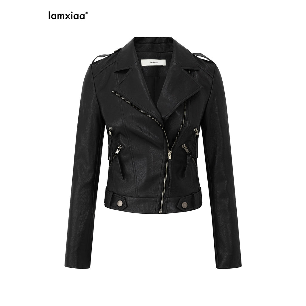 iamxiaa Matte Notch Lapel Zipper Techwear Slim Crop Women's Eco Leather Leather Jackets 971475762812