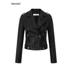 iamxiaa Matte Notch Lapel Zipper Techwear Slim Crop Women's Eco Leather Leather Jackets 971475762812