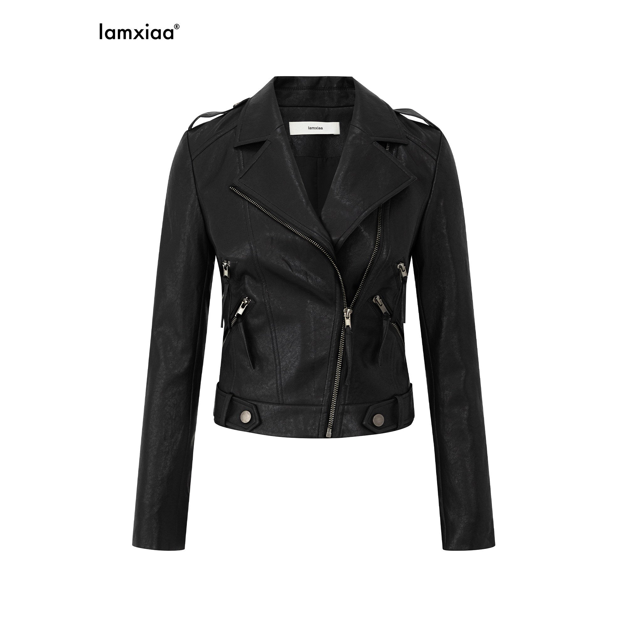 iamxiaa Matte Notch Lapel Zipper Techwear Slim Crop Women's Eco Leather Leather Jackets 971475762812
