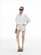 iamxiaa Minimal Stand Collar Half Placket Women's Long Staple Cotton Top & Shorts Sets